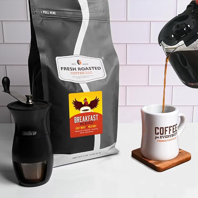 Fresh Roasted Coffee, Breakfast Blend Whole Bean Coffee, Light Roast, Kosher, 5 lb (80 oz)