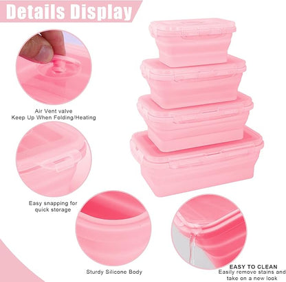 Collapsible Silicone Food Storage Containers with Lids,Set of 4 Silicone Lunch Box Containers,Foldable Meal Prep Container for Kitchen,Microwave & Dishwasher & Freezer Safe,BPA Free(Square Pink,4PCS)
