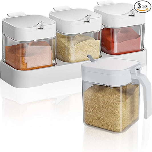 Clear Glass Condiment Canisters Pots, 8 oz Condiment Jar Spice Container with 304 Stainless Steel Lids and Spoons, Glass Seasoning Box Set of 3 Spice Jars Salt Container Sugar Bowl for Kitchen(White)