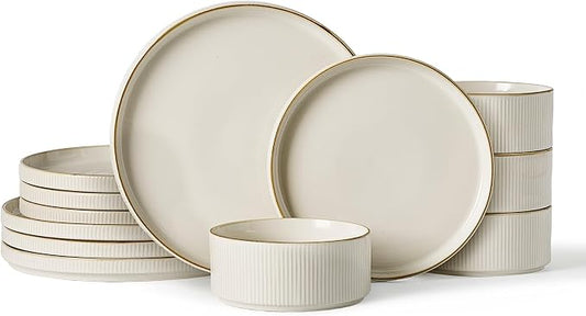 Famiware Star 12-Piece Stoneware Dinnerware Sets with Trim, Service for 4, Ceramic Plates and Bowls Set, Modern Rustic Dishes, Everyday/Formal, Chip/Scratch Resistant, Microwave/Dishwasher Safe, White