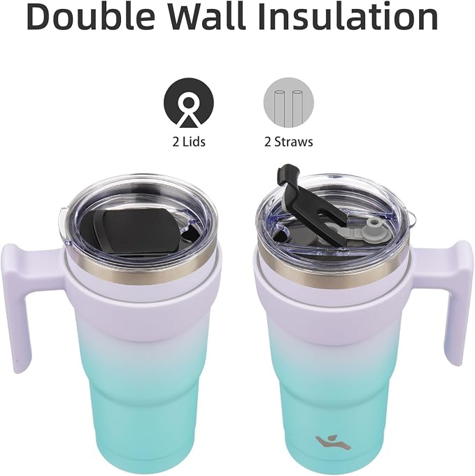 Konokyo 20 oz Tumbler with Handle and 2 Straw 2 Lid, Insulated Water Bottle Stainless Steel Vacuum Cup Reusable Travel Mug, Lavender Green