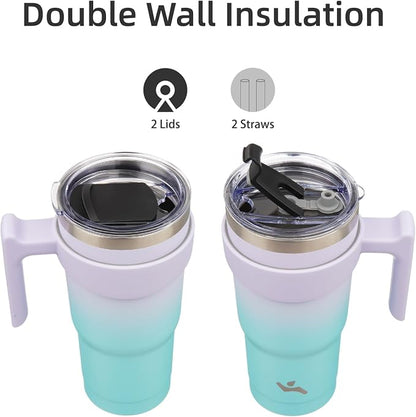 Konokyo 20 oz Tumbler with Handle and 2 Straw 2 Lid, Insulated Water Bottle Stainless Steel Vacuum Cup Reusable Travel Mug, Lavender Green