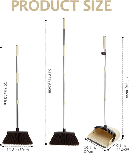 2-Pack Broom and Dustpan Set with Long Handle, Heavy Dust Broom and Dustpan Combo for Home，Kitchen, Office, Pet Hair(Beige)