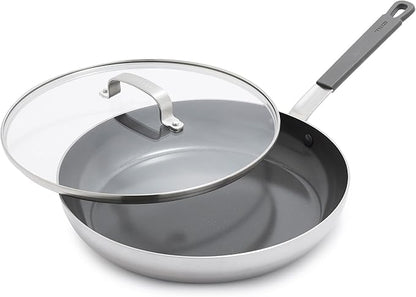 GreenPan x Bobby Flay Stainless Steel 12” Frying Pan Skillet & Glass Lid, Professional Grade Tri-Ply, Multiclad, PFAS-Free Ceramic Nonstick, Induction Suitable, Dishwasher & Oven Safe,Stay Cool Handle
