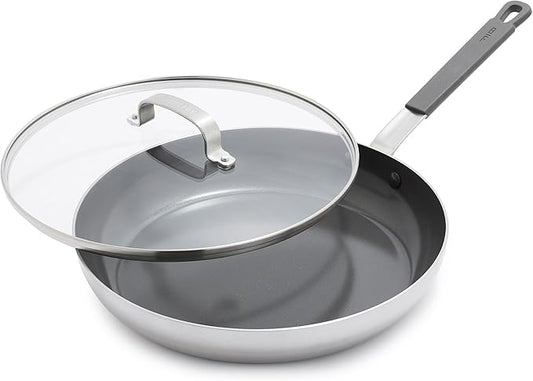 GreenPan x Bobby Flay Stainless Steel 12” Frying Pan Skillet & Glass Lid, Professional Grade Tri-Ply, Multiclad, PFAS-Free Ceramic Nonstick, Induction Suitable, Dishwasher & Oven Safe,Stay Cool Handle
