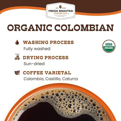 Fresh Roasted Coffee, Organic Colombian Whole Bean Coffee, Medium Roast, USDA Organic, 100% Single Origin, Kosher, 12 oz