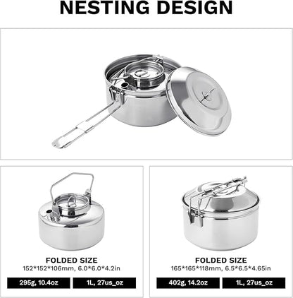 Fire-Maple Antarcti S/S Kettle Pot Set | 18-8 Stainless Steel | all Steel Construction | Ideal for Camping Bushcraft Use | Compact Cookware Set