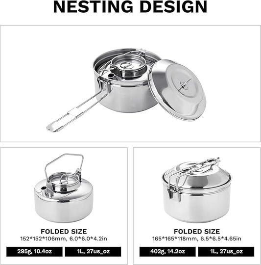 Fire-Maple Antarcti S/S Kettle Pot Set | 18-8 Stainless Steel | all Steel Construction | Ideal for Camping Bushcraft Use | Compact Cookware Set