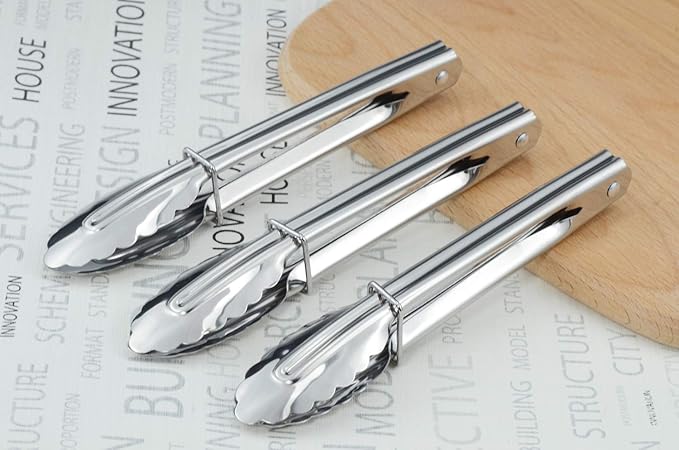 HINMAY 7-Inch Small Stainless Steel Serving Tongs, Set of 3 (Silver) | 7-Inch Mini Metal Salad Tongs