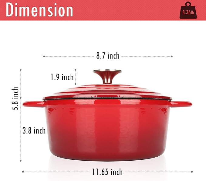 COOKWIN Cast Iron Dutch Oven,3 QT Dutch Oven Pot with lid Heavy Duty Dutch Ovens Enameled Cast Iron Pot Dual Handles Cookware for Baking Bread,Braiser,Soup,Meat, Ideal for Family, Cerise