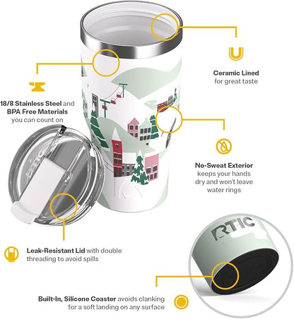 RTIC 30oz Essential Tumbler with Lid, Ceramic Lined, Insulated, Stainless Steel, Metal, Double Wall Vacuum-Insulation, Travel Cup for Iced Coffee, Tea, Hot and Cold Drink, Apres Ski