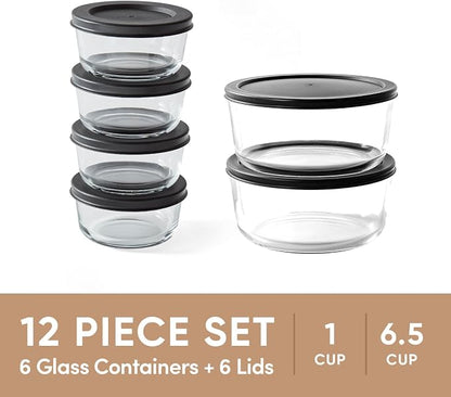 12-Piece Glass Food Storage Containers Set (6 Containers + 6 BPA-Free Lids) | 1-Cup & 6.5-Cup, Leakproof | Microwave, Freezer, Oven & Dishwasher Safe | Ideal for Meal Prep & Pantry Organization, Black