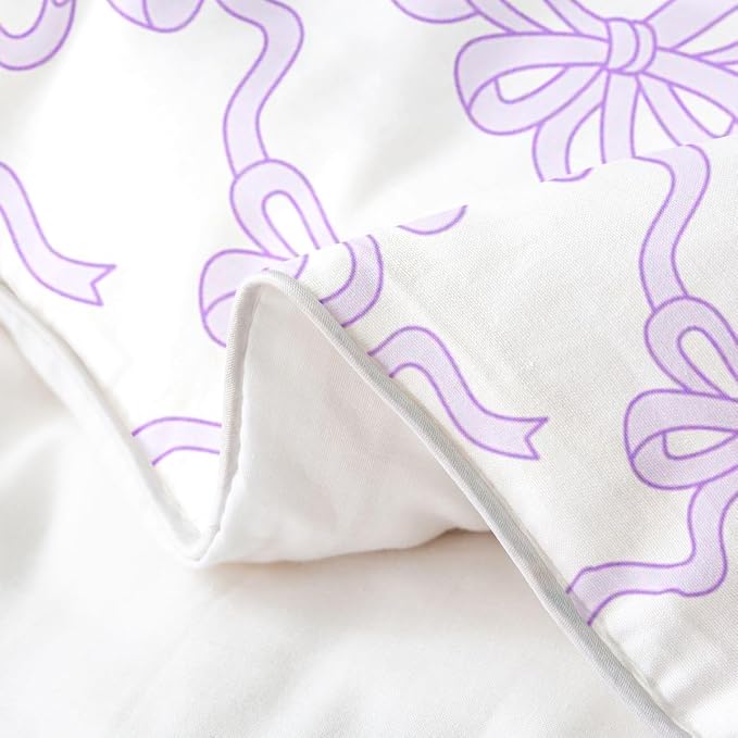 Cute Bow Duvet Cover Set 100% Natural Cotton Twin Size Purple Coquette Bowtie Bedding Set (No Filler) 2 PCS Watercolor Ribbon Bowknot Preppy Style Cotton Comforter Cover for Kids Bedroom Decor