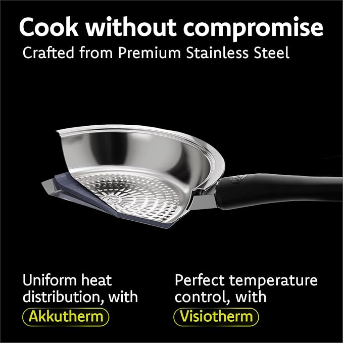 A by AMC - Daily Pro Stainless Steel Cookware Set with Smart Temperature Guidance - 11" Frying Pan with Lid + Digital Cooking Assistant - Even Heat Akkutherm Base - Induction Compatible