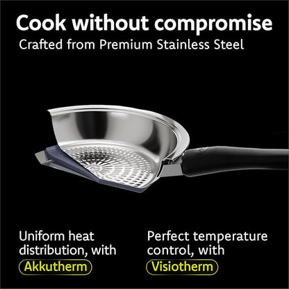 A by AMC - Daily Pro Stainless Steel Cookware Set with Smart Temperature Guidance - 11" Frying Pan with Lid + Digital Cooking Assistant - Even Heat Akkutherm Base - Induction Compatible
