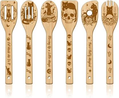 GLOBLELAND 6 Pcs Magical Cats Wooden Spoons Utensil Set Skeleton Bamboo Carving Kitchen Cooking Utensils Wooden Engraved Cooking Spatula Sets for Kitchen Fun House Warming Gift
