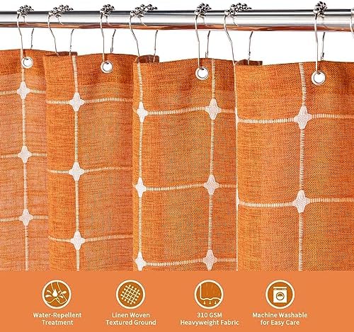 Boho Farmhouse Classic Plaid Linen Tassel Shower Curtain Orange,72x84