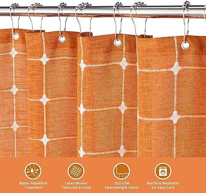 Boho Farmhouse Classic Plaid Linen Tassel Shower Curtain Orange,72x84