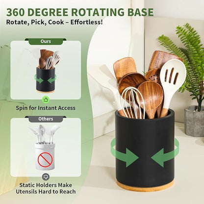 Wooden Utensil Holder, 360°Rotating 7.3'' Large Utensil Holder for Kitchen Counter, Kitchen Utensil Organizer, Utensil Crock, Farmhouse Kitchens Countertop Decor, Black Color