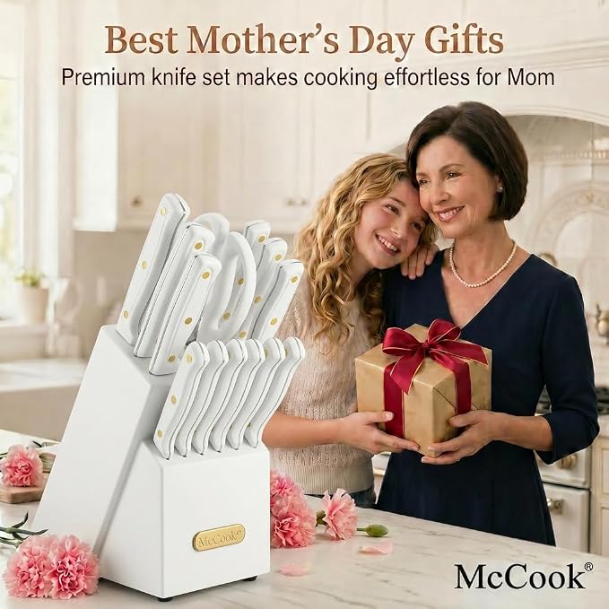 McCook® Knife Sets, White High Carbon Stainless Steel Kitchen Knife Sets with with Built-in Sharpener, 26-Piece Razor-Sharp Kitchen Knives with Ergonomic Handles, Elegant Box for Gift, White