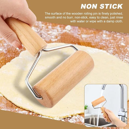 Small Wooden Rolling Pin with Handle, Non-Stick Small Dough Roller, Kitchen Baking Tool for Pizza, Pastry, Cookie & Dumpling Making
