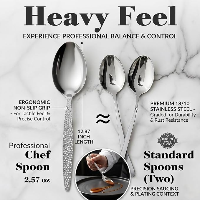 CREATIVECHEF Kunz Plating Spoon 9 Inch, 18/10 Stainless Steel Titanium Coating, Professional Basting & Saucing Spoon for Chef, Food Grade, Silver