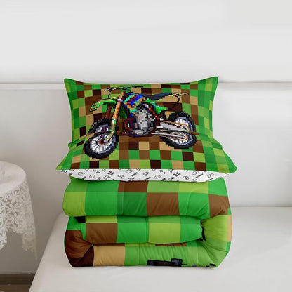 Manfei Cool Motorcycle Kids Comforter Toddler Size,Pixelated Geometric Grid Quilt Set for Kids Boys Girls Bedroom Decor,Miners Gamepad Bedding Set,Brown Green Duvet Insert,1 Pillowcase