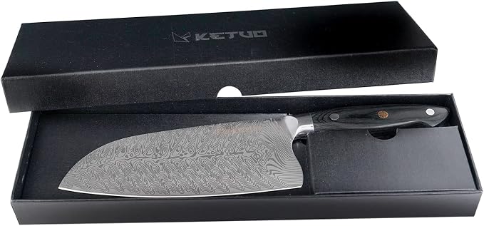 Ketuo Professional Chef Knife Damascus Carbon Steel with Laser Pattern Blade and Black Pakka Wood (7 Inch Cleaver Knife)