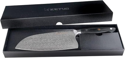 Ketuo Professional Chef Knife Damascus Carbon Steel with Laser Pattern Blade and Black Pakka Wood (7 Inch Cleaver Knife)