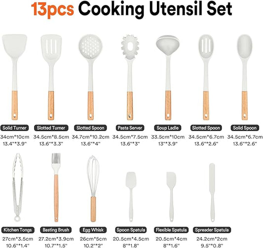 Kitchen Utensils Set, 13PCS Silicone Cooking Utensils, Heat Resistant Kitchen Utensil Spatula Set for Nonstick Cookware, Wooden Handles Kitchen Gadgets Tools Set
