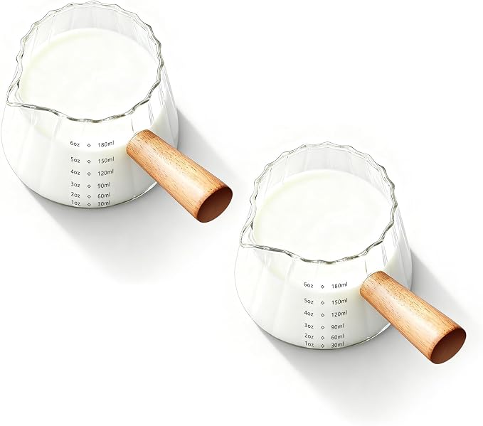 YARRAMATE 6 oz/180ML Glass Measuring Cup with Wooden Handle – Espresso Shot Cups, Ribbed Milk Frothing Pitcher, Dual Scale Markings, V-Shaped Mouth for Easy Pouring (2 Pack)