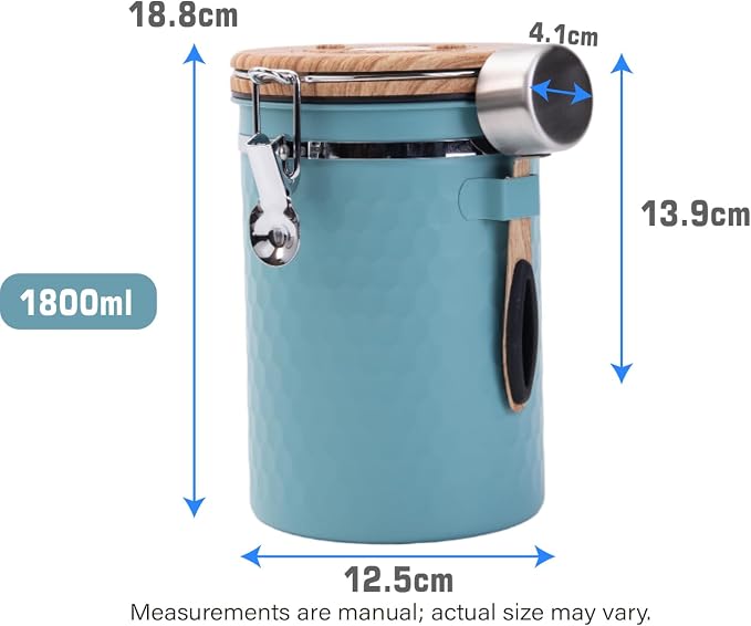 Airtight Coffee Canister, 1800ml Stainless Steel Storage Container with Date Tracker, Breather Valve, and Measuring Scoop, Blue (Blue)