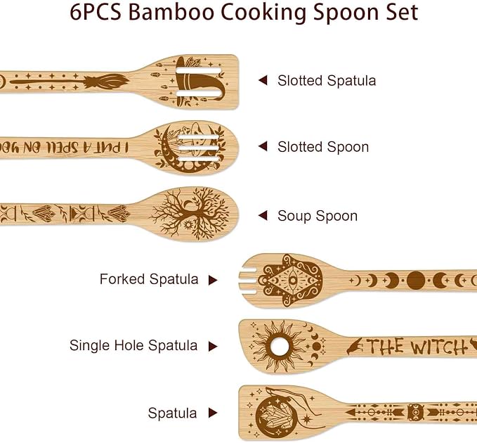 GLOBLELAND 6 Pcs Magic Divination Bamboo Cooking Utensils Wooden Engraved Cooking Spoons Set Carving Kitchen Bamboo Spatula Set for Women and Men Wood Cooking Spoon for Kitchen Fun House Warming Gift