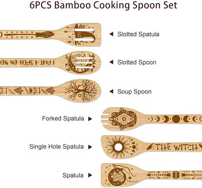 GLOBLELAND 6 Pcs Magic Divination Bamboo Cooking Utensils Wooden Engraved Cooking Spoons Set Carving Kitchen Bamboo Spatula Set for Women and Men Wood Cooking Spoon for Kitchen Fun House Warming Gift