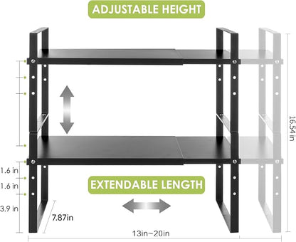 Across-Star Expandable Cabinet Shelf Organizer Rack, Stackable Kitchen Counter Storage Shelves Stand, Adjustable Height Pantry Shelf Spice Rack (Black, 2 Pack)