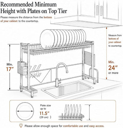 Over the Sink Dish Drying Drainer Rack - Height & Width Adjustable Large Capacity Stainless Steel Kitchen Storage Organization Plate Strainers Above Kitchen Counter (W24.4-38.2" ~ H17.7-22.1" Black)