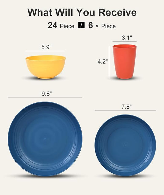Quatish 24 Piece Plates and Bowls Sets for 6, Unbreakable Dinnerware Sets, Dish Set for Camping, Dishwasher Microwave Safe, Outdoor Kitchen and Apartment Dinning RV Essentials, Multi