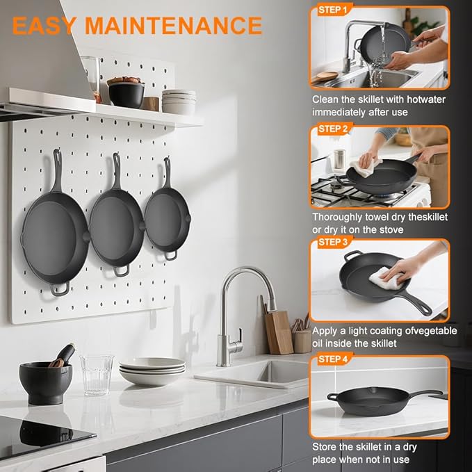 Cast Iron Skillet Set of 3 (6" 8" 10"), Pre-Seasoned | Lighter-weight starter set: 6" individual, 8" breakfast, 10" everyday. No lids. Induction & oven safe. Beginner-friendly.