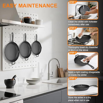 Cast Iron Skillet Set of 3 (6" 8" 10"), Pre-Seasoned | Lighter-weight starter set: 6" individual, 8" breakfast, 10" everyday. No lids. Induction & oven safe. Beginner-friendly.
