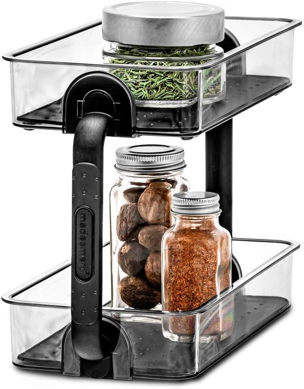 madesmart Tiered Spice Organizer, 8 Jars for Kitchen Essentials, Maximizes Vertical Storage for Salt, Pepper, Cayenne, Soft-Grip Lining, Dual Handles, Carbon