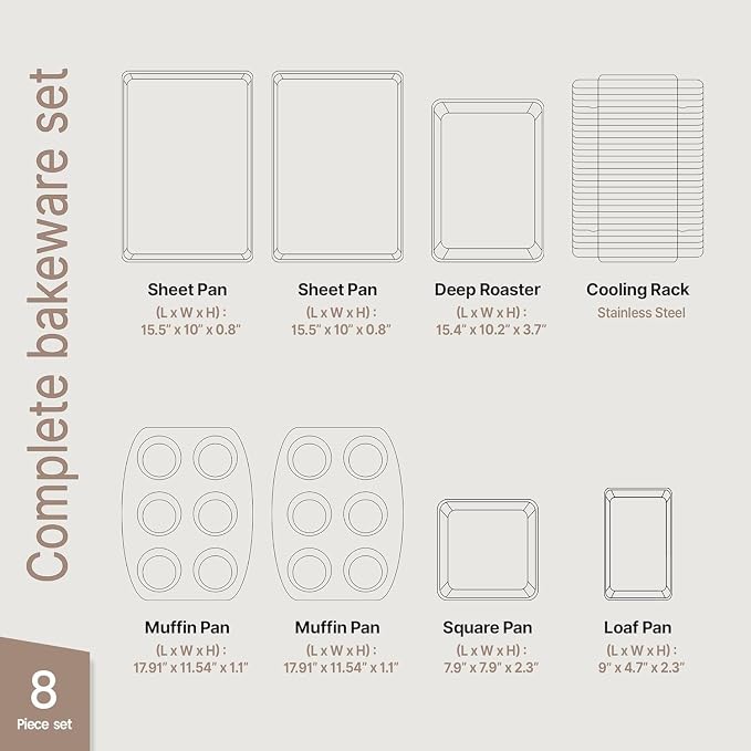 Bakken 8-Piece Stackable Bakeware Set – Ceramic Non-Stick, Oven-Safe Baking Sheets & Pans, PTFE/PFOA/PFOS-Free, Ergonomic Handles, Includes Cooling Rack – Healthy, Non-Toxic Baking Essentials