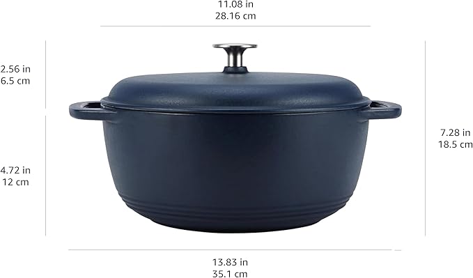 Amazon Basics Enameled Cast Iron Dutch Oven Pot with Lid, Round, Dual Handles, Heavy-Duty, Oven Safe for Stews, Roasting, Baking,6-Quart, Matte Navy