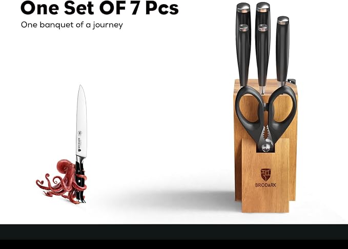 BRODARK Knife Set: 7 Piece Ultra Sharp Kitchen Knife Set Without Steak Knives, Knives Set for Kitchen with High Carbon Super Steel & Ergonomic Handle, Acacia Wood Block with Scissors and Sharpener