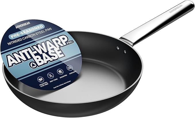 Anti-Warp Carbon Steel Frying Pan, 10 Inch Pre-Seasoned Cooking Skillet, Works on All Cooktops,Oven Safe, Nitrided Carbon Steel Pan for Kitchen, Camping, Chef Use