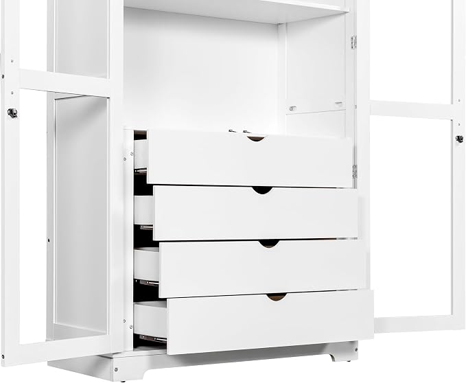 VilroCaz 75'' Tall Kitchen Pantry, Wood Freestanding Kitchen Storage Cabinet Display Cabinet with Glass Doors and 4 Built-in Drawers for Living Room Home Office (White-6.21)