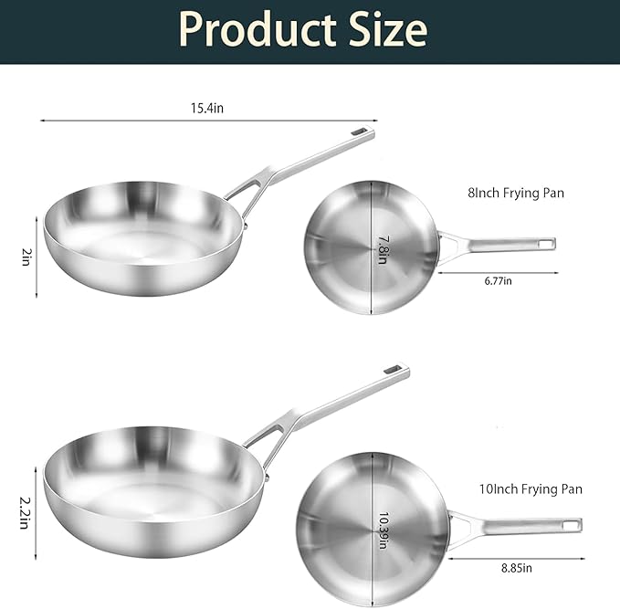 Yeksum Tri - Ply Stainless Steel Frying Pan Set 8" 10" Skillets with Tempered Glass Lids Durable, Ideal for Eggs, Induction Compatible up to 600°F