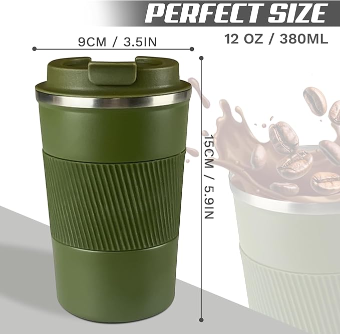 SPLMIFA Vacuum-Insulated Stainless Steel Travel Coffee Mug, Leak-Proof Reusable Coffee Cup with Lid - Keep Hot & Cold Drinks for Hours, Durable Insulated Tumbler for Men & Women(3rd-Green, 12OZ)
