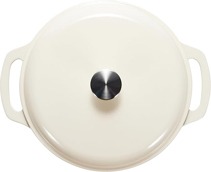 Amazon Basics Enameled Cast Iron Dutch Oven Pot with Lid, Round, Dual Handles, Heavy-Duty, Oven Safe for Stews, Roasting, Baking, 7.3-Quart, White