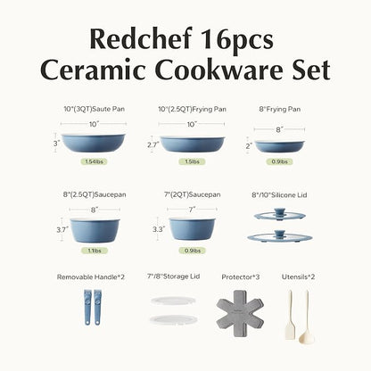 Redchef 16pcs Ceramic Nonstick Pots and Pans Set, Kitchen Cookware Set with Removable Handle, Non Toxic Cookware Set, PFAS PFOA & PTFE Free, RV Ceramic Cookware for Camping, Dishwasher/Oven Safe