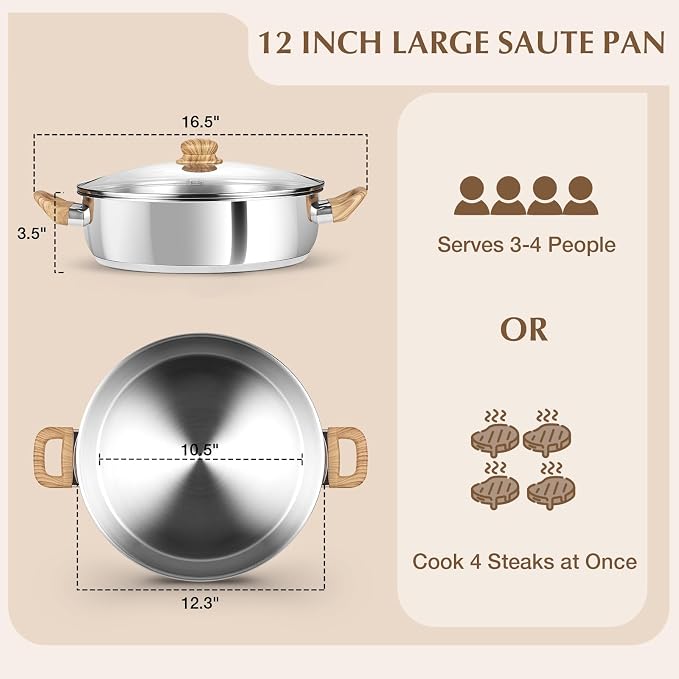 KOCH SYSTEME CS 12 Inch Stainless Steel Saute Pan with Lid, 5.5 Quart Deep Frying Pan with Double Handles, 18/10 Stainless Steel Pan with Cool-Touch Bakelite Handle, Deep Frying Pan, Induction Ready